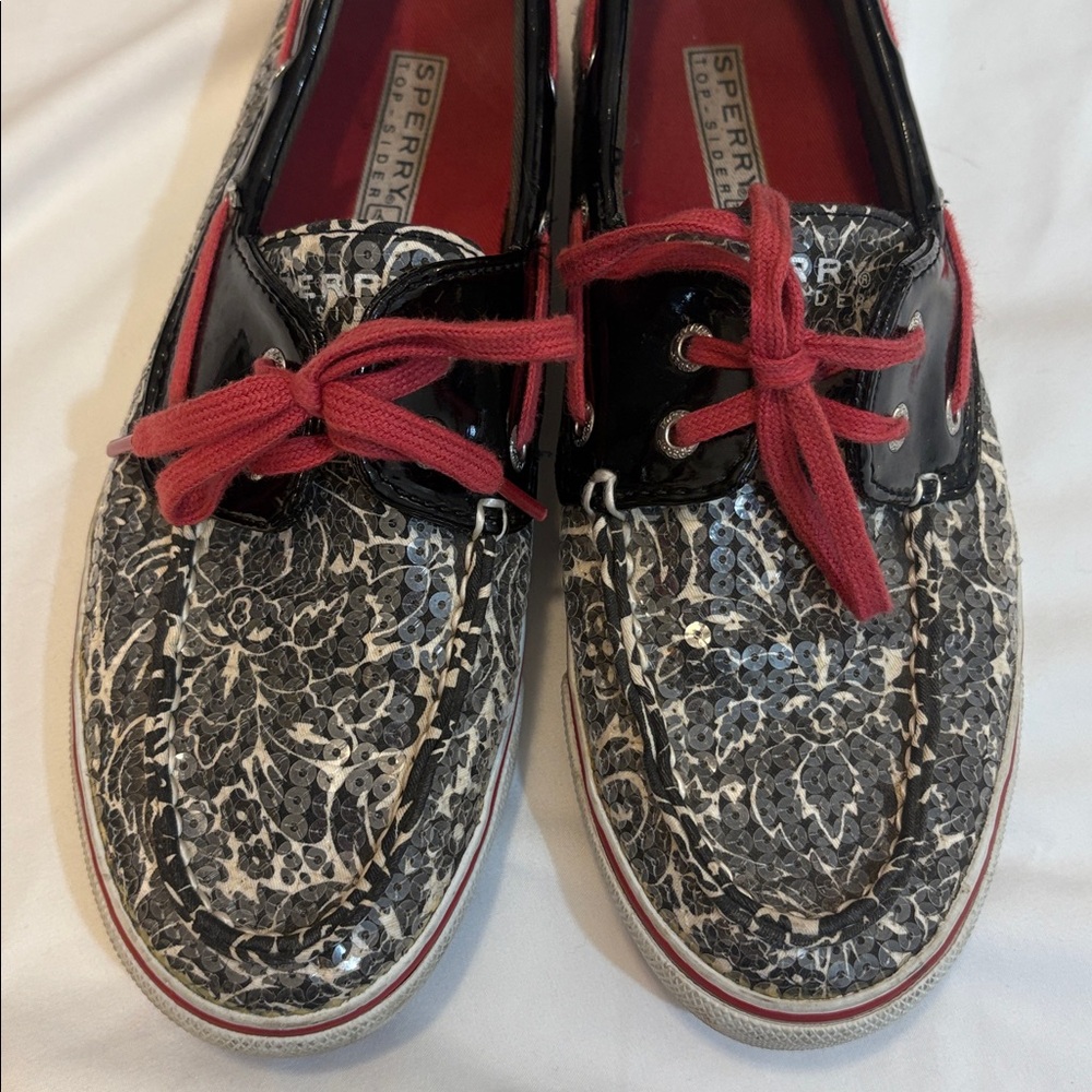 Y2K Sequin Floral Sperry Topsider Boat Shoes With Red Laces, 7.5 Girly Sparkle